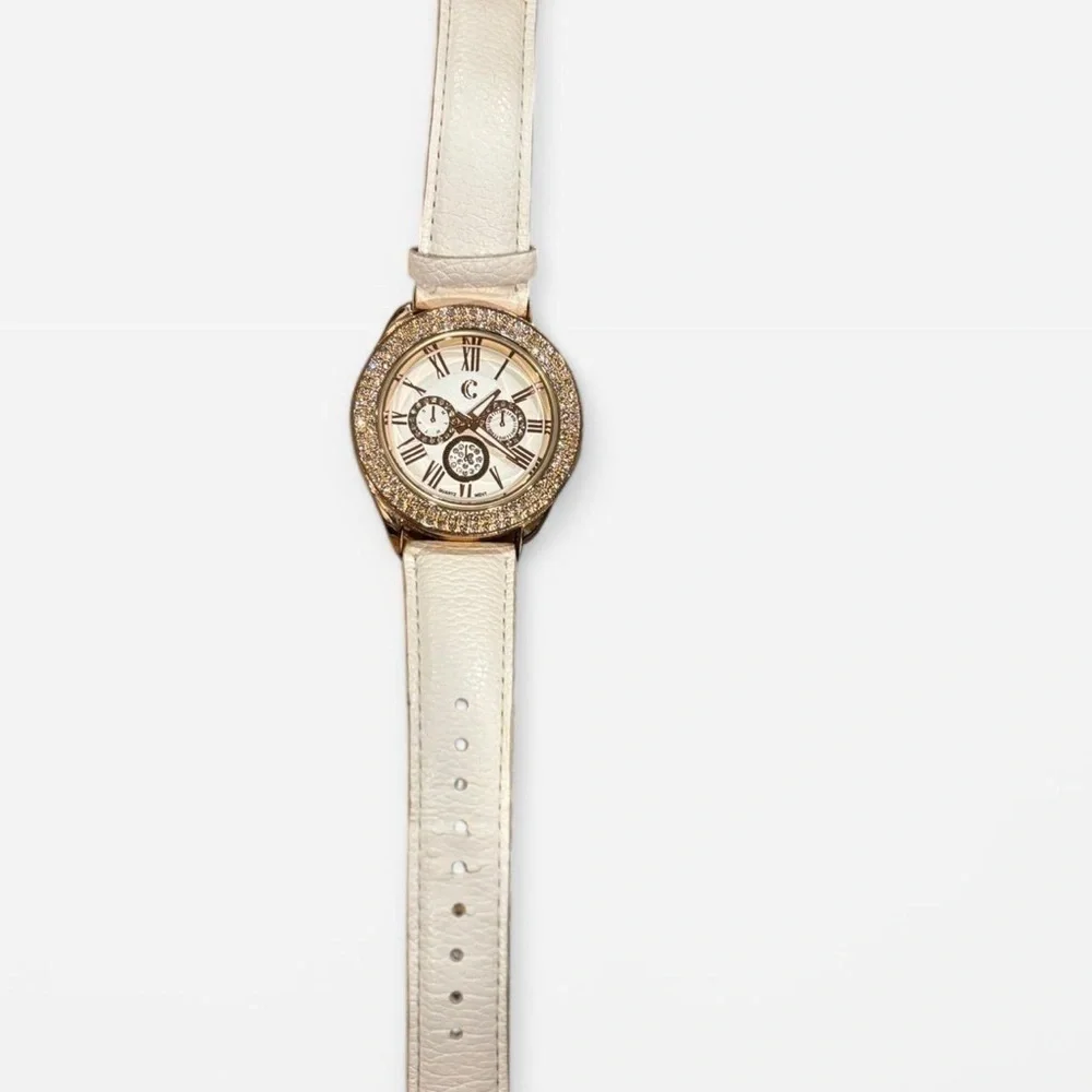 Charming Charlie Gold Rhinestone Watch White Strap Roman Numeral Glam